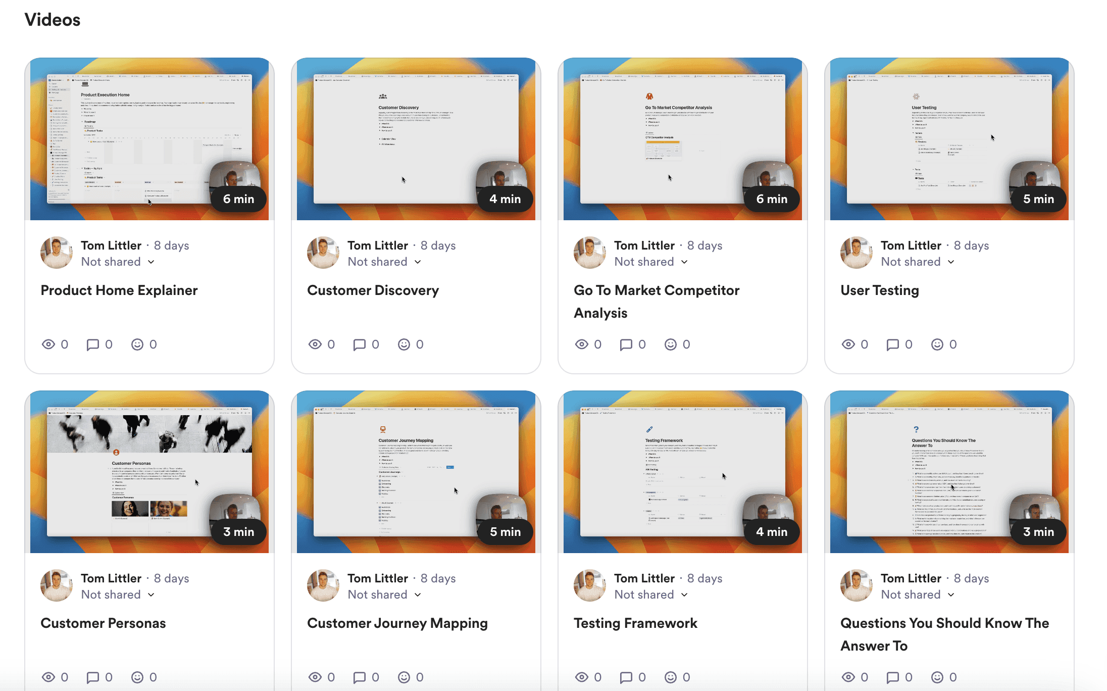 A library of short explainer videos: Product Home Explainer, Customer Discovery, Go To Market Competitor Analysis, User Testing, Customer Personas, Customer Journey Mapping, Testing Framework, and more