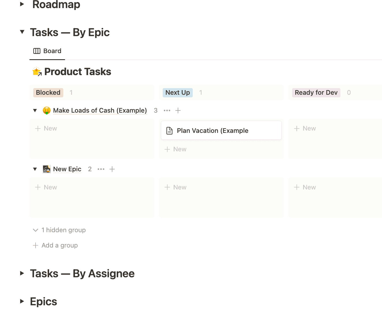 A roadmap board with product tasks grouped by epic