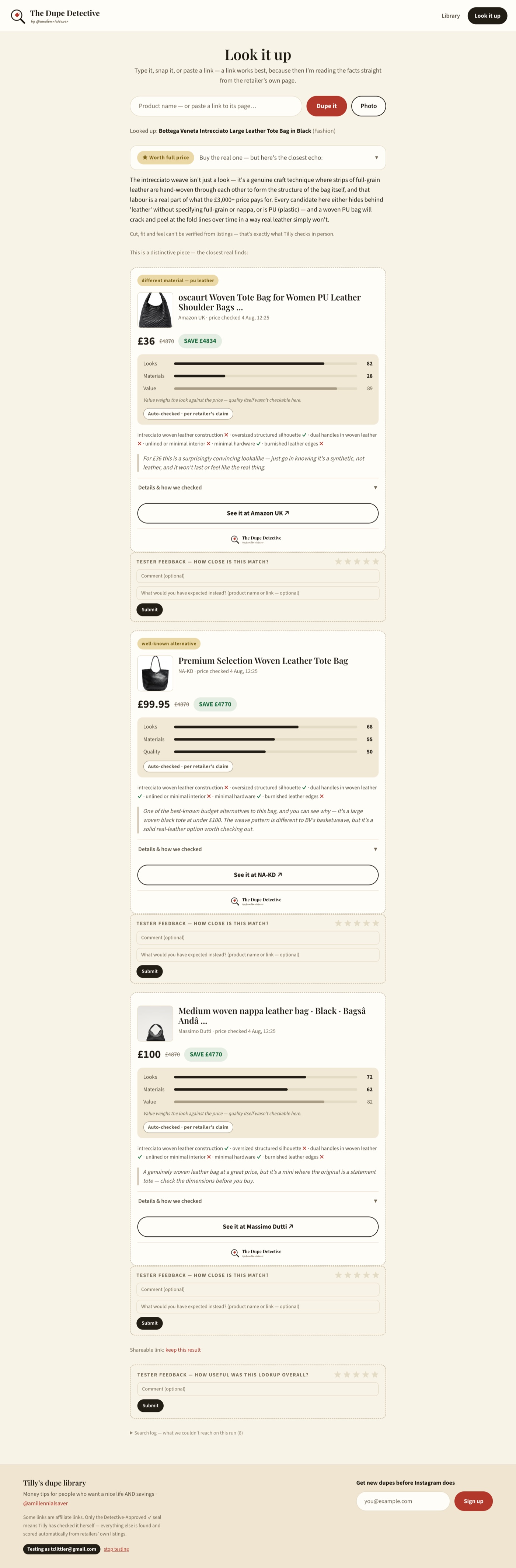 A full lookup — verdict first, then the closest real finds with per-spec checks