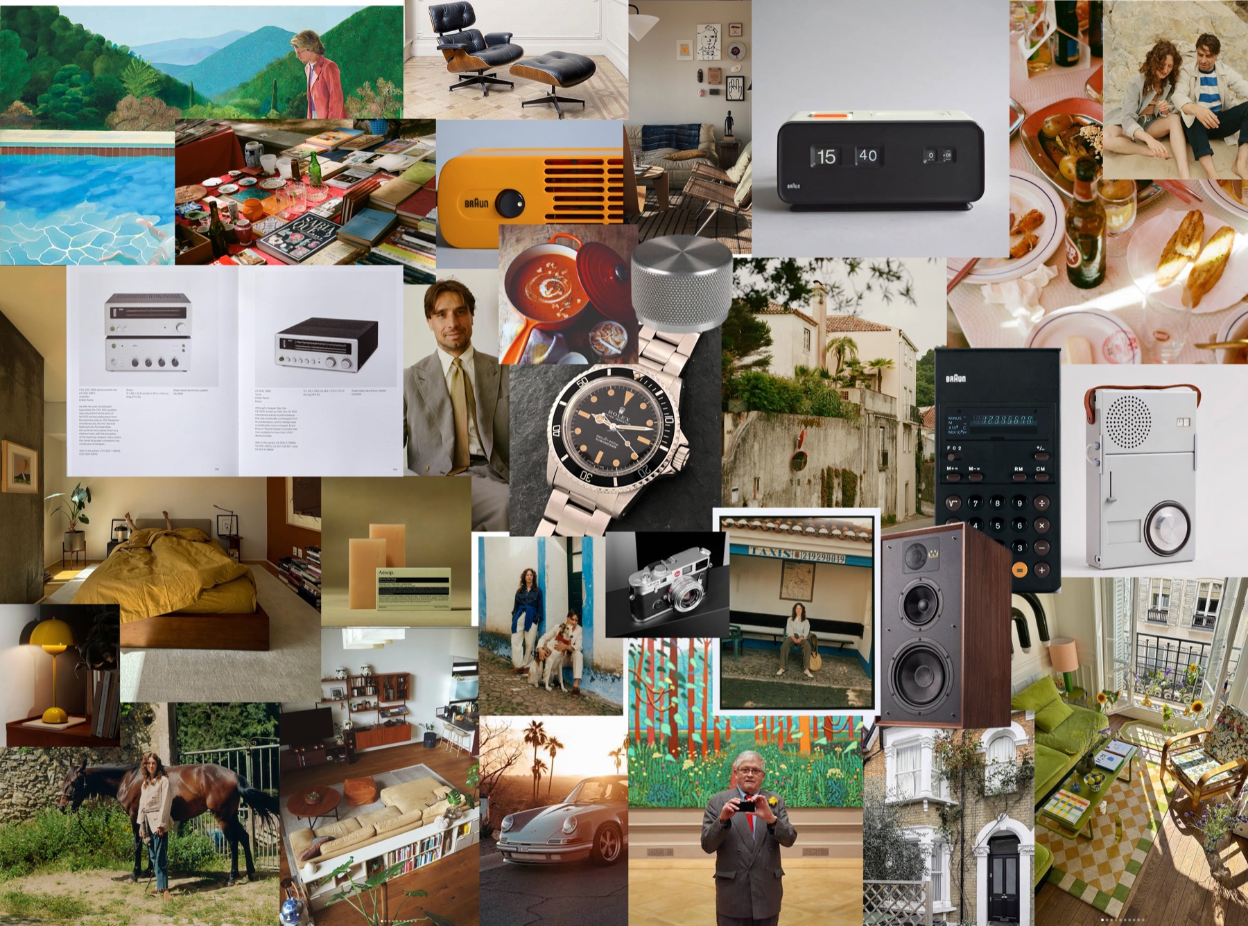 The moodboard: old Rolexes, older Porsches, anything Dieter Rams